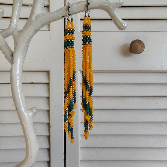 Handmade Jewelry - Handmade Gold & Emerald Green Beaded Fringe Earrings – Stainless Steel Hooks OS